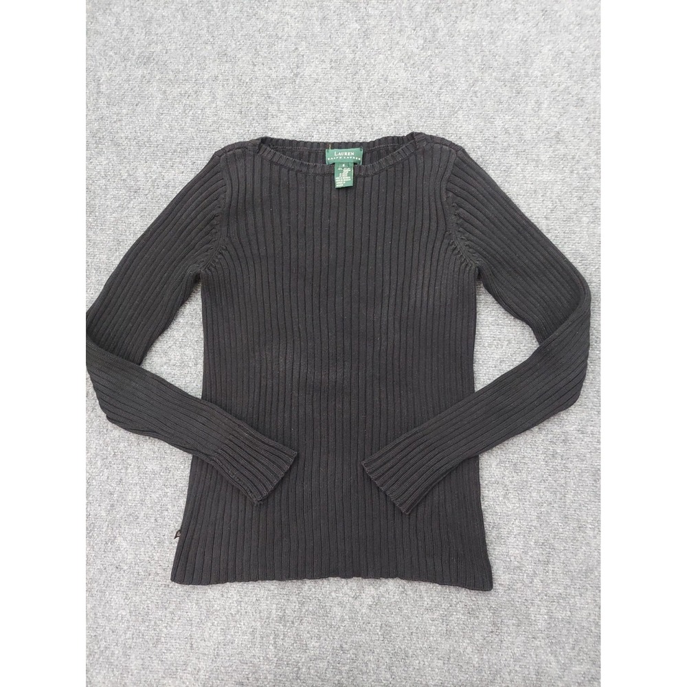 Vtg LRL RALPH LAUREN Sweater Womens Small Black Ribbed Y2K Boat Neck Stretch